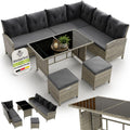 Hochwertige Polyrattan Lounge Manacor ausgestattet mit Ecksofa Esstisch 2 Zusatzzusatzhocker Kissen wetterfest bis 7 Personen Bezuege waschbar TerrassenmoebelSet Gartenlounge Gartenmoebel Set grau meliert Variante 692