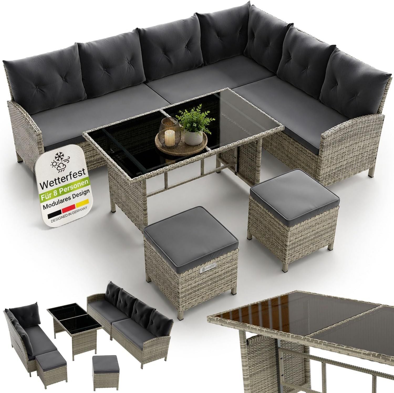 Hochwertige Polyrattan Lounge Manacor ausgestattet mit Ecksofa Esstisch 2 Zusatzzusatzhocker Kissen wetterfest bis 7 Personen Bezuege waschbar TerrassenmoebelSet Gartenlounge Gartenmoebel Set grau meliert Variante 692
