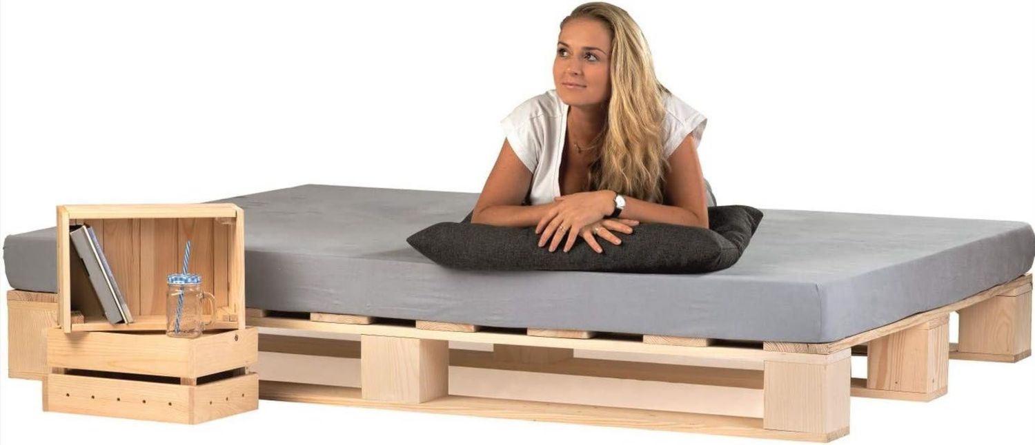 Hochwertige 240x200 cm Palettenbett aus Holz Holzbett Massivholzbett Bett aus Paletten Palettenmoebel Naturholz Fichte europalette 80 90 100 120 140 160 180 200 220 240 x 200 cm Variante 121