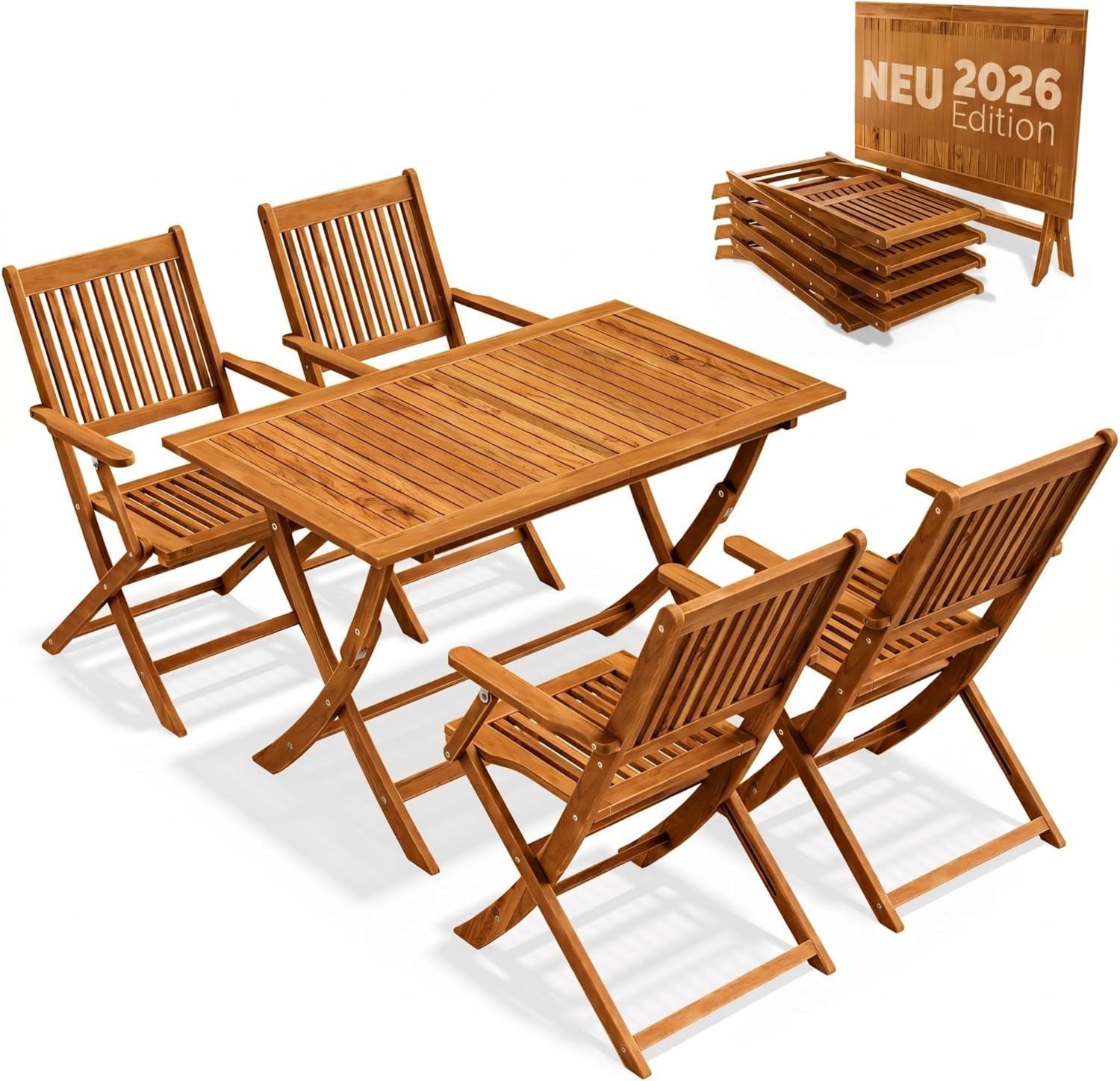 Hochwertige Gartenmoebel Set Modell 2026 NEU Extra Stabiler ausgestattet mit umlaufender Verstaerkungsleiste 5 teilig aus FSC Akazienholz 4 Stuehle mit Armlehnen platzsparend geeignet fuer Balkon Variante 388