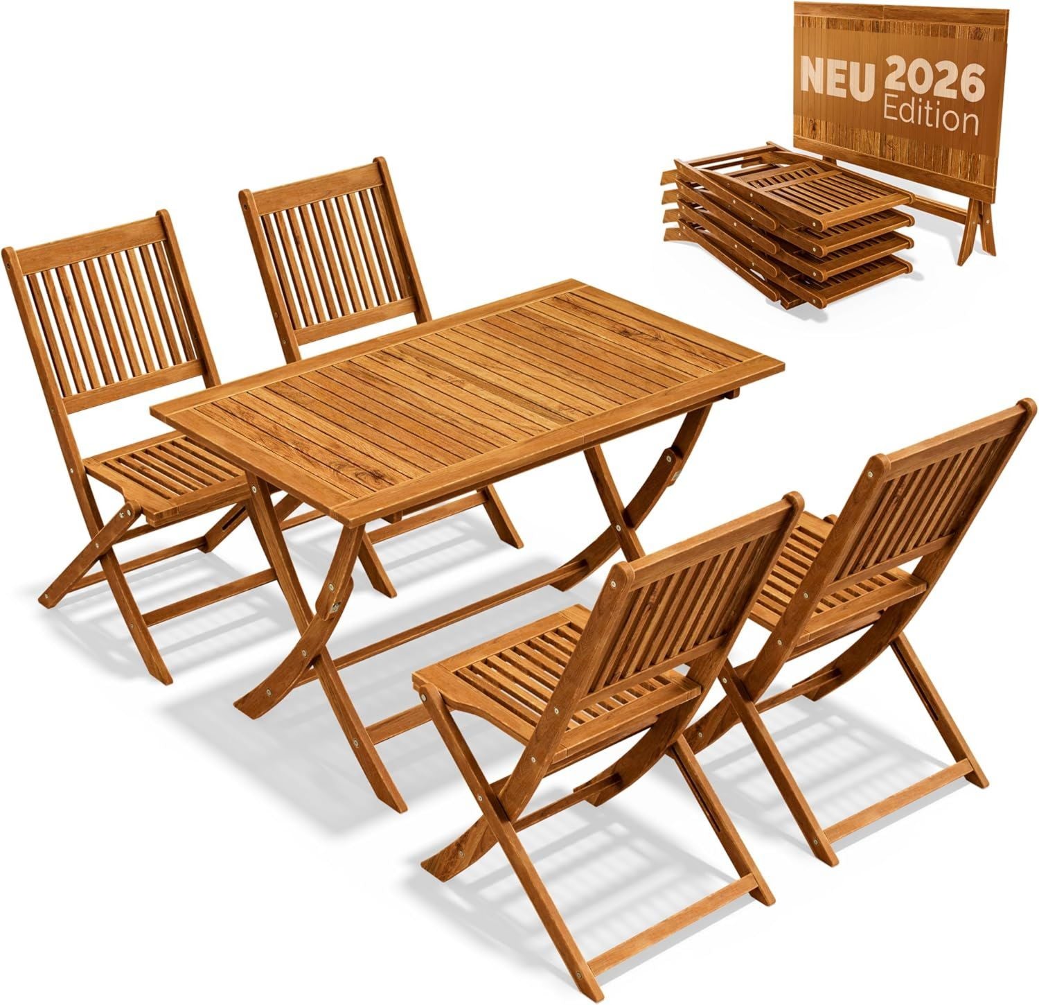 Hochwertige Gartenmoebel Set Modell 2026 NEU Extra Stabiler ausgestattet mit umlaufender Verstaerkungsleiste 5 teilig aus FSC Akazienholz 4 Stuehle platzsparend geeignet fuer Balkon Variante 12