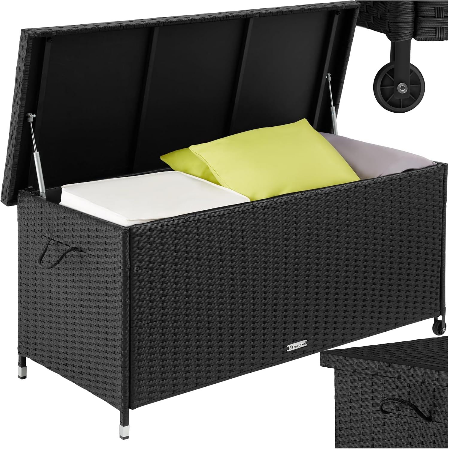 Hochwertige tectake Auflagenbox wetterfest abschliessbare Box ausgestattet mit Deckel Aufbewahrungskiste mit Innentasche Kissenbox 270L rollbar geeignet fuer Terrasse Balkonmoebel schwarz Variante 467